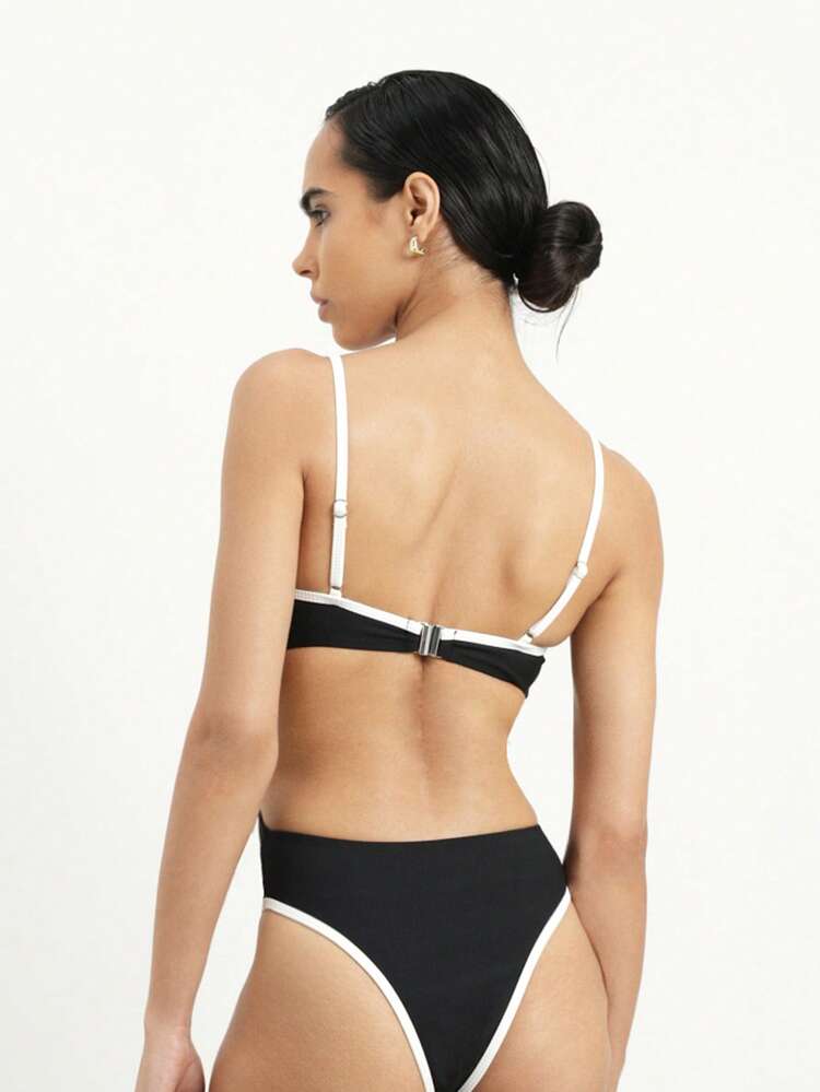 KSTM Women's Contrast Binding One Piece Swimsuit With Ribbed Texture And High Cut Leg Design Summer Beach Swimwear