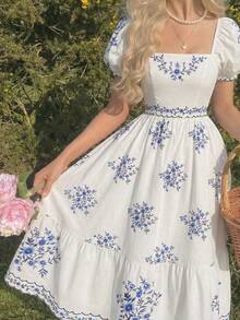 Skyraze 女士印花波西米亚风连衣裙，适合度假、浪漫场合、夏季穿着、海滩度假、休闲度假、西式穿着。 - 藍白色 - 查看 4