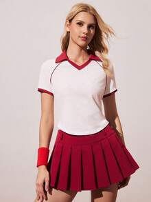 Gameset SHEIN Sport 女士撞色短袖休闲运动Polo衫网球衫女士健身上衣网球衫女士高尔夫上衣女士网球衫球场上衣可爱网球服女士高尔夫上衣Polo衫女士夏季上衣女士高尔夫套装高尔夫T恤女士运动衫 - 白色 - 查看 4