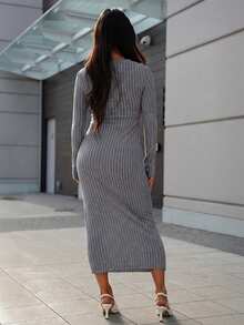 SAYEHFBABY Solid Ribbed Knit Bodycon Black Dress - Dark Grey - View 6