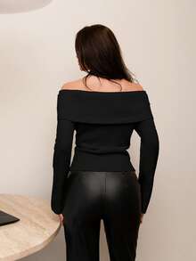 Bris Aura 露肩翻领罗纹针织毛衣、长袖上衣 - 黑色 - 查看 2