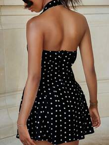 Mima John 女士波尔卡圆点印花性感V领露背迷你连衣裙 - 黑色 - 查看 2