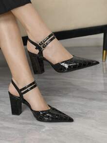 Sleekvia Damskie buty na obcasie z grubym, spiczastym obcasem, czarne, wytłoczone paskiem wokół kostki, buty na wysokim obcasie, proste, modne, uniwersalne, wygodne, dojazdowe, damskie buty na wysokim obcasie - Czarne - Zobacz 4