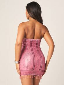 MISSGUIDED Strapless Pink Sequin Bodycon Mini Dress With Fringe Detail Perfect For Cocktail Party Evening Occasions - Pink - View 2