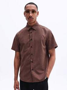 SUMWON Men's Brown Striped Short Sleeve Button Down Shirt Regular Fit Casual Summer Spring Collared Top - Brown - View 4