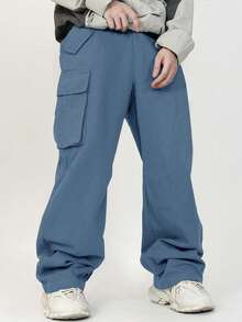 Pantalones rectos sueltos de unicolor tejidos con bolsillos laterales y parches 3D en estilo universitario de vacaciones para niño preadolescente - Neblina azul - Ver 3