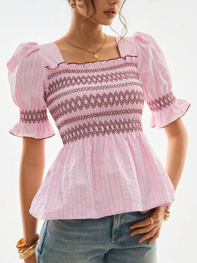 Poéselle Women's Colorblock Pattern Square Neck Short Sleeve Blouse