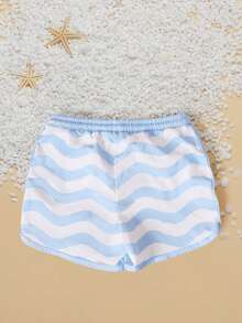 SUMWON Pantalones cortos de baño con estampado de rayas onduladas en todo el diseño, con cordón y bolsillos laterales para niños, para verano, playa, natación, vacaciones y uso casual - Celeste - Ver 2