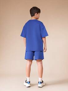 SUMWON Boys Oversized Royal Blue T-Shirt And Matching Shorts Co-Ord Set With White Number Print And Text Graphics - Blue - View 2
