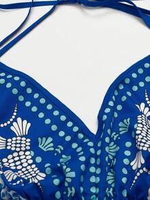 Sweetra Plus Size V-Neck Spaghetti Strap Backless Floral Print Blue & White Contrast Elegant Vintage Casual Cute Beach Maxi Dress For Women - Blue and White - View 5