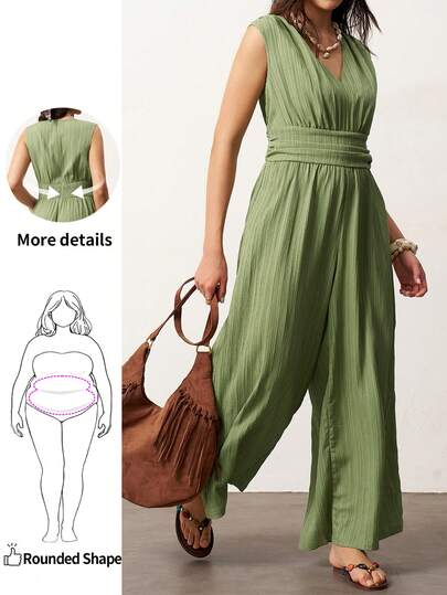 Enliva Damski, jednolity kombinezon bez rękawów z głębokim dekoltem w serek, marszczony, letni, zielony, swobodny, dopasowany do okrągłych kształtów