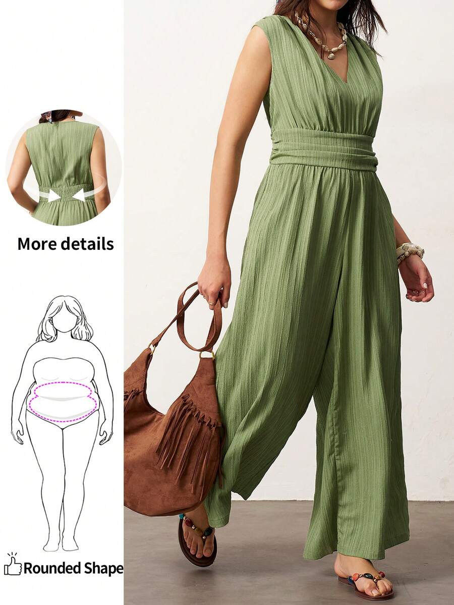 Enliva 女士纯色深V领褶皱无袖连体裤 夏季绿色休闲款，适合圆润身材曲线 - 綠色 - 查看 1