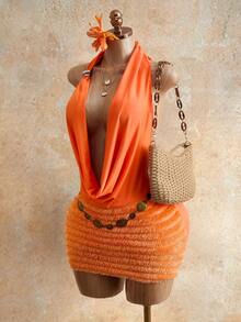 Mistrie Solid Color Halter Draped Backless Sexy Sleeveless Mini Dress - Orange - View 4