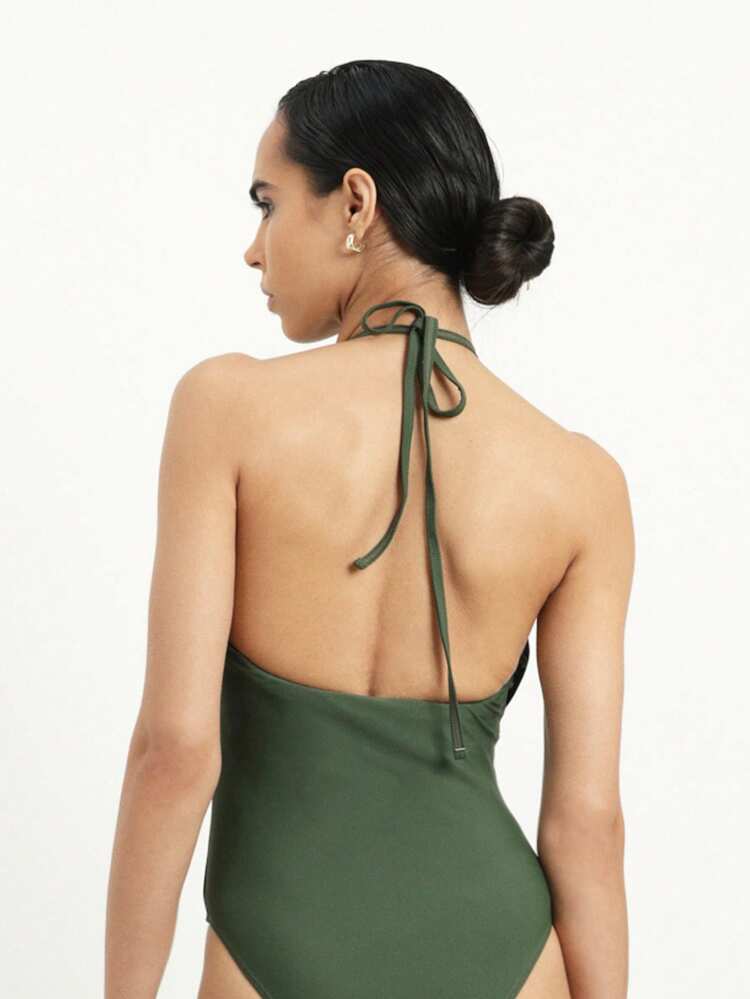 KSTM Jednoczęściowy kostium kąpielowy z wysokim dekoltem i wiązaniem na plecach, idealny na letnią plażę