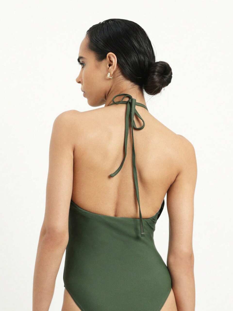 KSTM High Neck Halter One Piece Swimsuit With Beaded Draping Detail And Tie Back Closure Summer Beach Swimwear