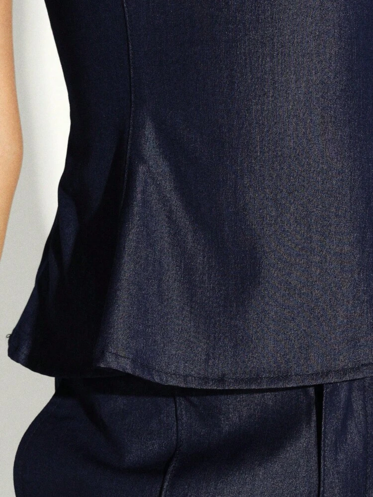 KSTM Women Sleeveless Denim Effect Peplum Top Navy Blue Vintage Style Flared Hem Casual Blouse Round Neck Summer Tank