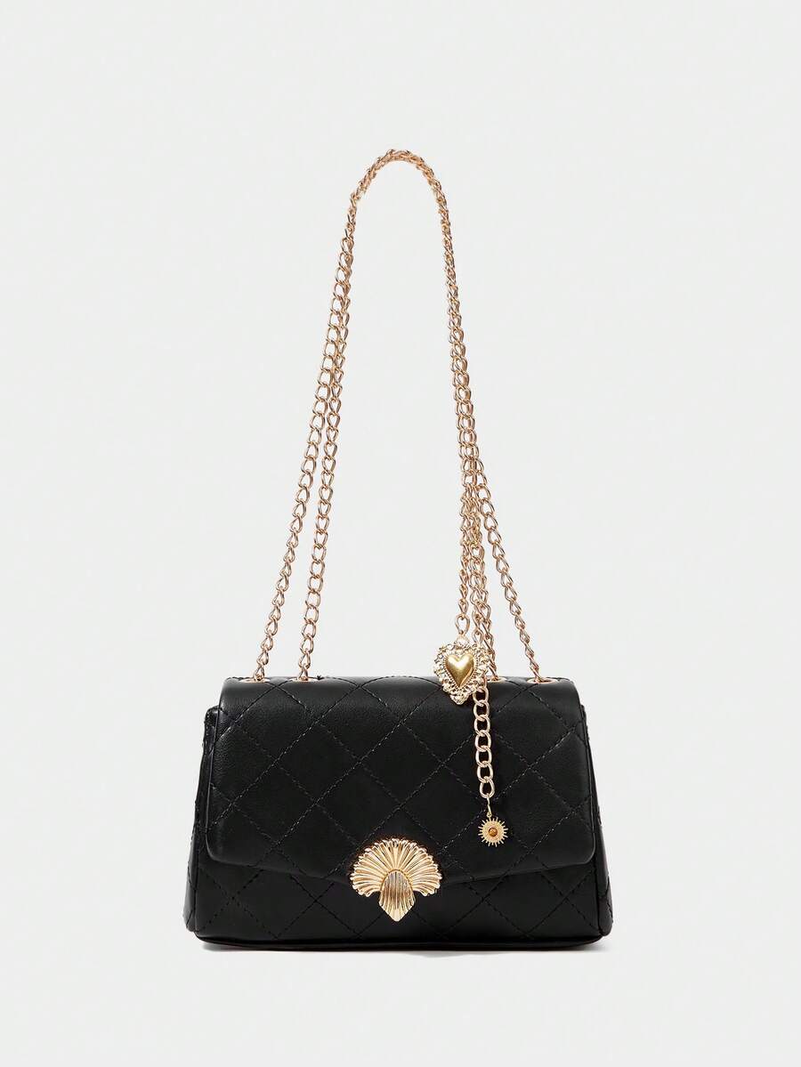 SHECARRY Ladies Vintage Elegant Flip Quilted Bag With Vintage Hardware Pendants For Commuter Dates,CHRISTMAS GIFTS - Black - View 1