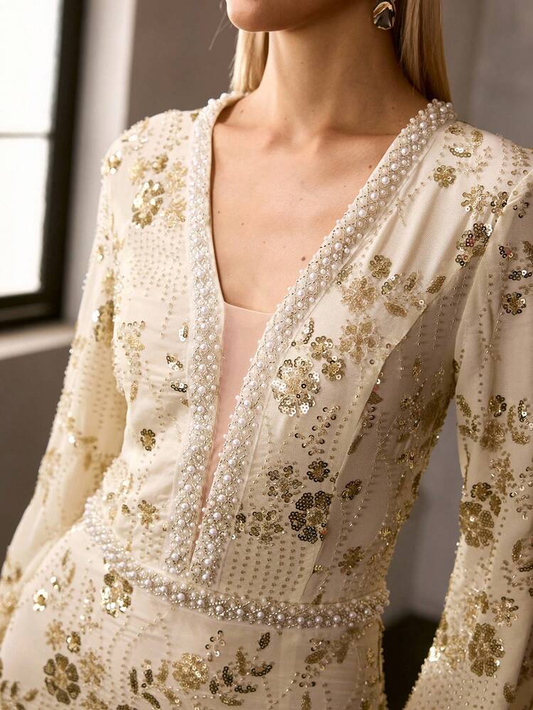 MOTF Soiréza ELEGANT SEQUINS BEADED BELL SLEEVE MERMAID HEM COCKTAIL DRESS, SPRING/SUMMER