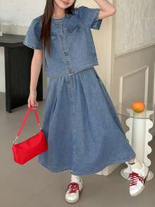 Hapijoa Bộ áo tay phồng cài cúc và chân váy denim cho bé gái tuổi teen - Màu xanh lam - Xem 4