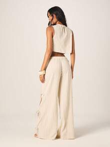 MISSGUIDED 罗纹针织两件套，无袖露脐背心，侧系带阔腿高腰阔腿裤，休闲家居服套装 - 彩色 - 查看 3