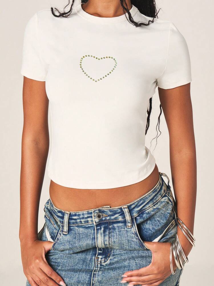 MISSGUIDED Women's Short Sleeve Crew Neck Heart Rhinestone Embellished Casual T-Shirt Top For Spring Summer