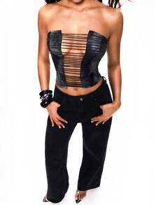 TypaGal Y2K Sexy Summer Black Stylish Chic Bold Modern Women's Fashion Carnival Party Beach Vacation Street Casual  Women's Sexy Tie-Dye Print Hollow-Out Bandeau Top, Summer Jean With Bra Strapless Tops Jean Tube Top Tube Top With Bra - Multicolor - View 5