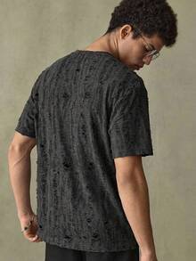 SWAVVY Men's Casual Washed Dark Grey Short Sleeve T-Shirt, Summer Men Textured Shirt Men T Shirt Men Knit Tops Men Clothes - Grey - View 3