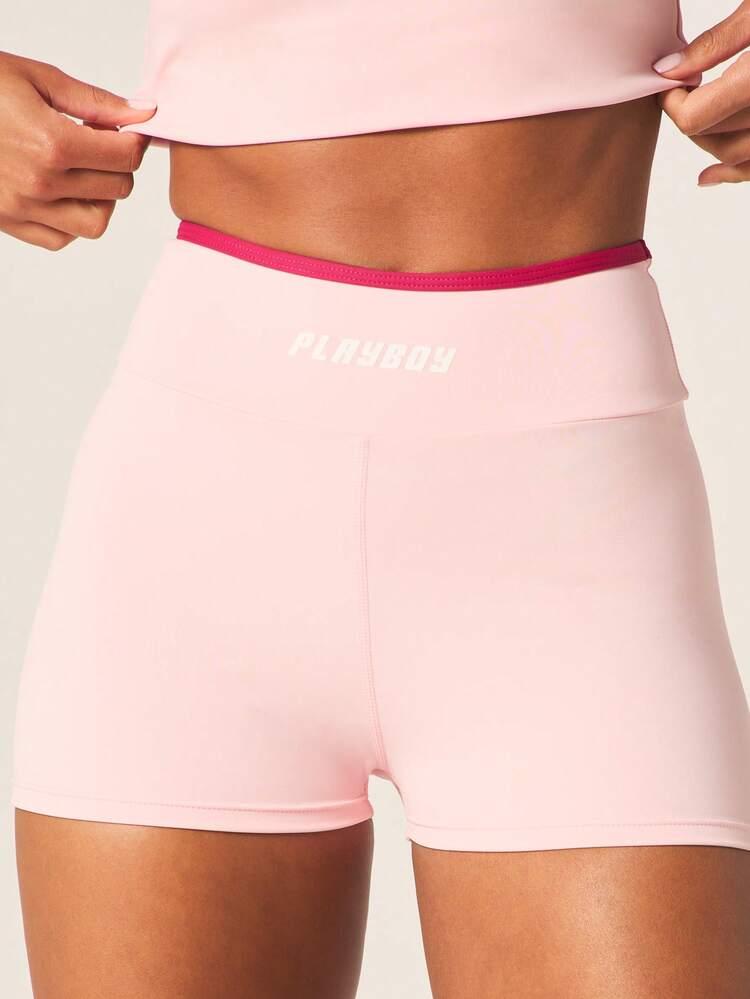 Missguided x Playboy 여성용 하이웨이스트 핏 애슬레틱 쇼츠, 대비되는 허리 밴드 핑크, 여름 트레이닝을 위한 수분 흡수 운동 하의