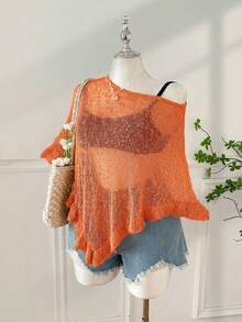 SHEIN EZwear 加大码夏季斗篷上衣，休闲钩编不对称领口荷叶边下摆半透明约会装，橙色 - 亮橙色 - 查看 6