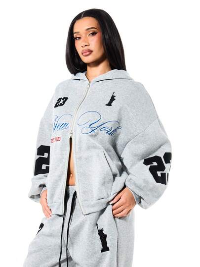 SUMWON WOMEN Boxy Fit Women's Oversized Full Zip Hoodie With New York Statue Liberty Graphics And Text Details Casual Streetwear