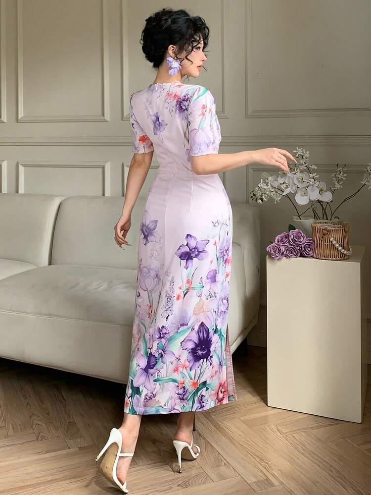 Women's Elegant Floral Print Square Neck Mid-Length Dress, Summer,Wedding Guest Dress Women Sundress