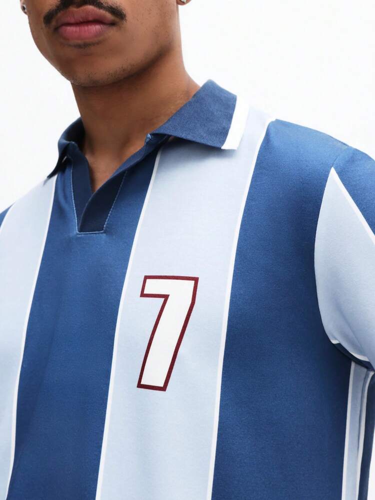 Camicia polo da uomo a maniche corte, slim fit, con righe verticali e stampa del numero 7 sul petto, colletto con bottoni, casual, moda primavera/estate