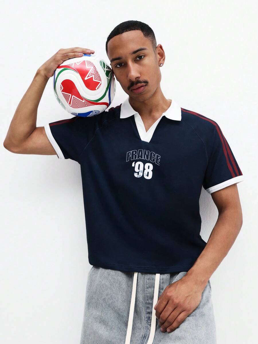 SUMWON Men's Slim Fit Navy Polo Shirt With France 98 Chest Print And Striped Sleeve Detail Casual Short Sleeve Collared Top - Blue - View 1