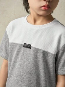 2pcs/Set Tween Boy Color Block Round Neck Short Sleeve T-Shirt And Shorts Set,White Summer Casual Vacation Outfit,School Daily Casual Wear Sports - Grey - View 4