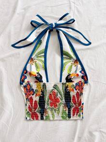 Soleia Áo tank top ngắn thời trang dành cho nữ, kiểu dáng nghỉ mát, in hình chim toucan và cây nhiệt đới, cổ yếm, eo thắt. - Nhiều màu - Xem 2