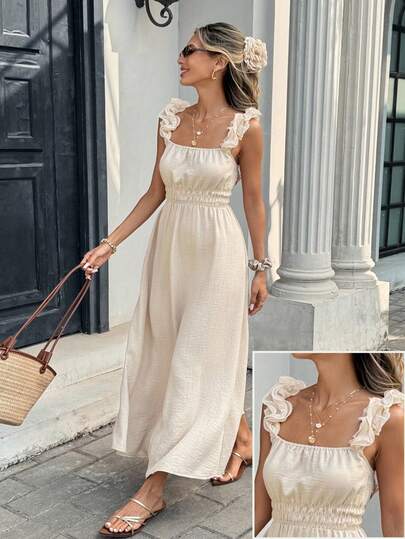 Serisse Women's Simple Solid Color Ruffle Waist Dress, French Ruffled Camisole Dress, Elastic Waist Slimming Long Dress,Fresh And Elegant Vacation Style New Summer Collection,Suitable For Summer Vacation,Summer Holiday Outfits,Summer Dresses For Women,Vacation Outfits For Women,Beach Vacation Outfits For Women,Elegant Dresses For Party,Graduation Dress For Women, Ceremony Dress,Bridesmaid Dress,Weddings & Events