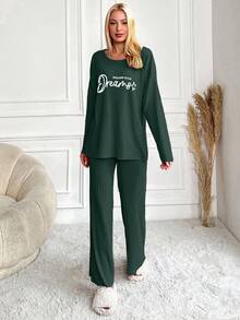EURMUSE Women's Letter Print Top And Pants Pajama Set - Green - View 3