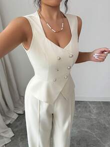 SHEIN Elenzya 女士优雅通勤纯色双排扣马甲长裤两件套，夏季 - 杏色 - 查看 3