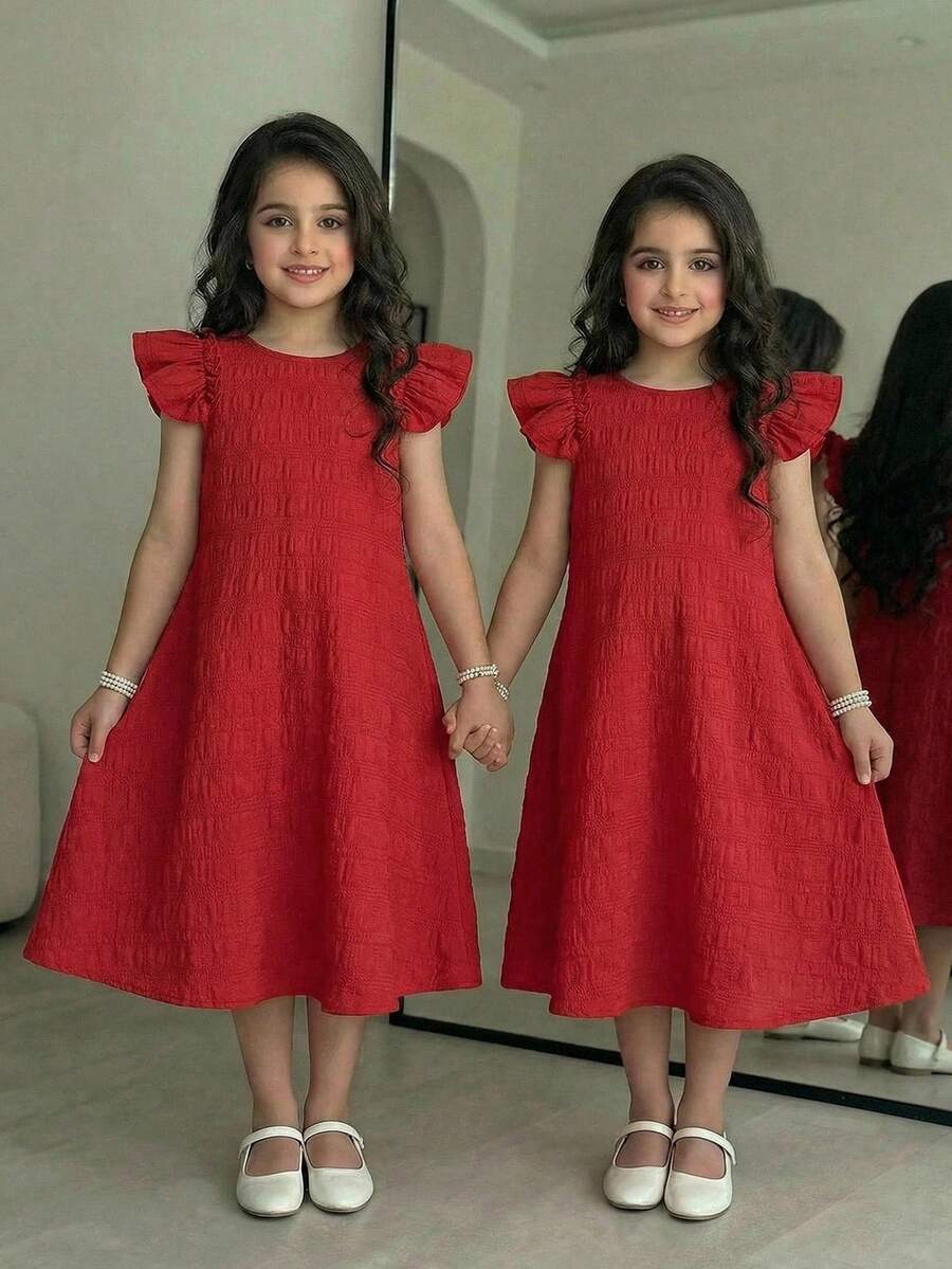 SHEIN Tween Girl Frill Trim Keyhole Back Butterfly Sleeve Dress - Red - View 1