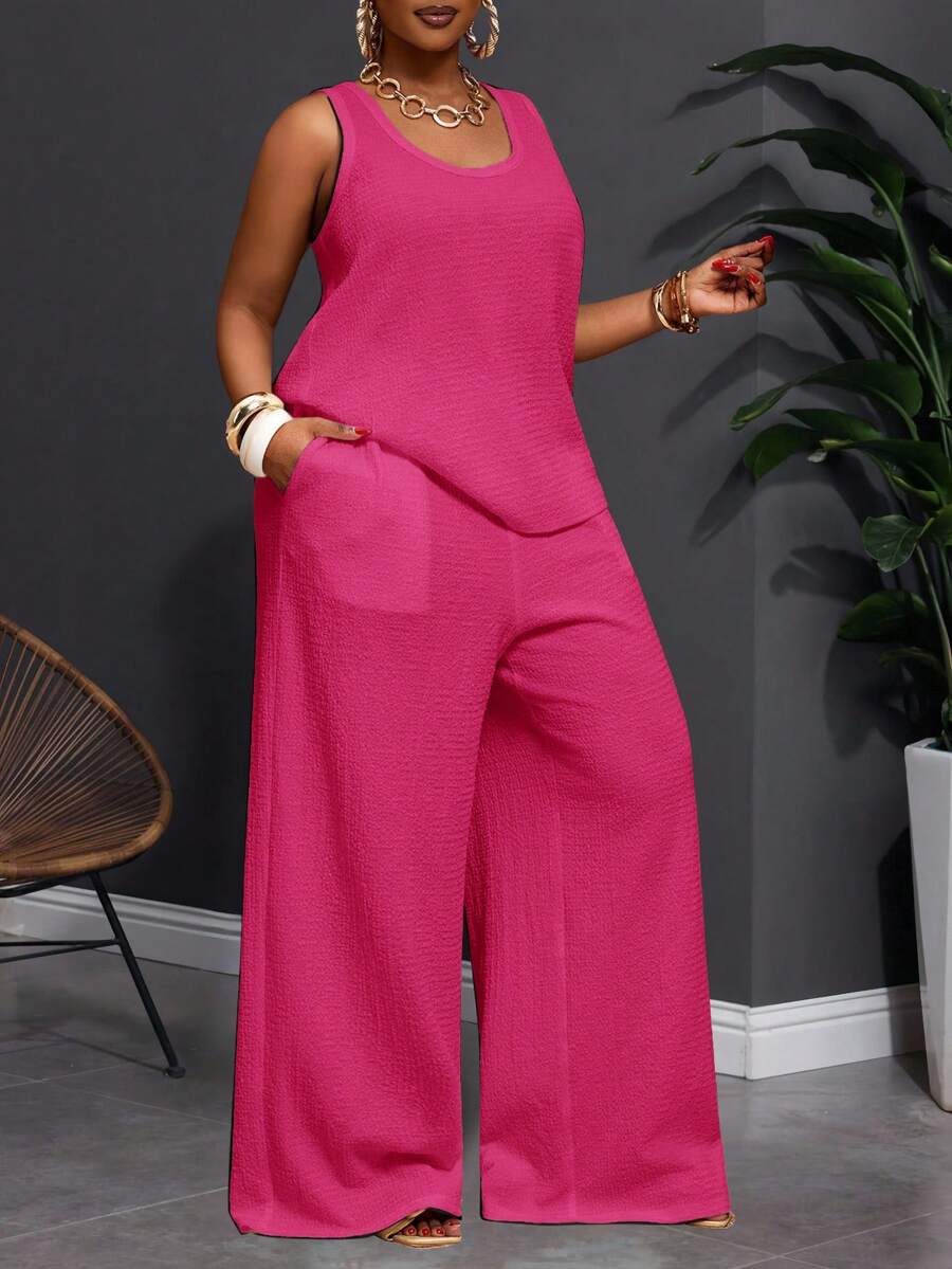 Slaydiva Bộ đồ 2 mảnh cỡ lớn dành cho nữ mùa Xuân/Hè 2025, phong cách vintage miền Tây/nhiệt đới/lễ hội âm nhạc/club/du lịch đường phố/thời trang thường ngày/kỳ nghỉ thành phố/lễ tốt nghiệp/kỳ nghỉ thanh lịch - Áo tank top không tay cổ chữ U bằng vải voan mỏng, dáng rộng, có họa tiết, phối cùng quần palazzo cạp chun, áo liền quần yoga, trang phục làm việc tại nhà, trang phục cho nữ cao, trang phục du thuyền, trang phục công sở cho nữ.
