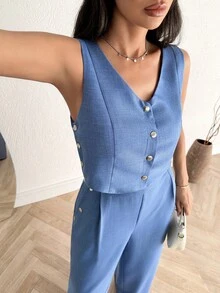 EURMUSE Women Two Pieces Outfits Vest And Wide Leg Pant Suit Sets - Royal Blue - View 6