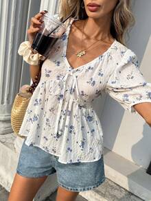 Pariaura 女士法式优雅镂空系带休闲印花花瓣袖衬衫 - 藍色 - 查看 4