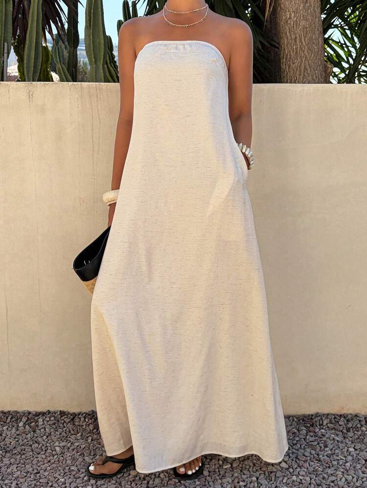 Women's Solid Color Bandeau Pocket Dress, Elegant Summer Holiday Long Dress Sundress