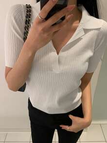 DAZY Damen Einfarbiges Slim Fit Kurzarm Poloshirt Leichter Lässig Sommer Strick Top - Weiss - Übersicht 3