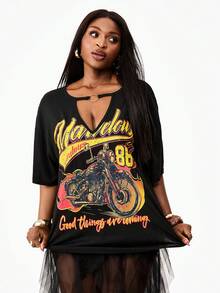 Coolane Áo thun nữ cỡ lớn mùa hè kiểu dáng thường ngày, in hình hổ và chữ, cổ khoét rỗng, vai rớt, dáng rộng. - màu đen - Xem 4