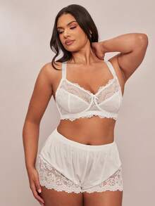 SHEIN BAE 1pc Plus Size Lace Patchwork Underwire Lingerie Bra - White - View 4