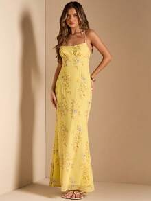 SHEIN BAE Yellow Ditsy Floral Backless Tie Dress, Elegant & Graceful For Spring/Summer,Summer Dresses For Women - Yellow - View 4
