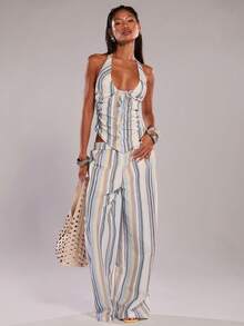 SHEIN BAE Quần ống rộng cạp chun kẻ sọc nhiều màu sắc bằng vải lanh/Quần hè/Quần thường ngày/Quần kẻ sọc, Xuân/Hè, Phong cách Riviera, Quần đi biển, Kỳ nghỉ Ý, Quần vải lanh - Nhiều màu - Xem 5