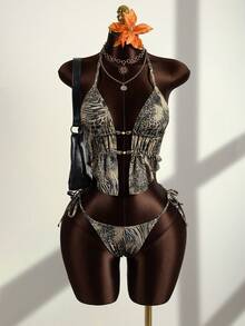 Zestiva Women's 2pcs Sexy Leopard Print Random Pattern V-Neck Spaghetti Strap Tie Camisole & Bikini Set, Summer - Multicolor - View 3