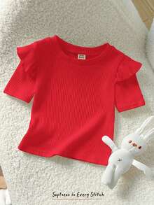 Cozy Pixies 女婴纯色柔软针织荷叶边圆领短袖上衣 - 紅色 - 查看 5